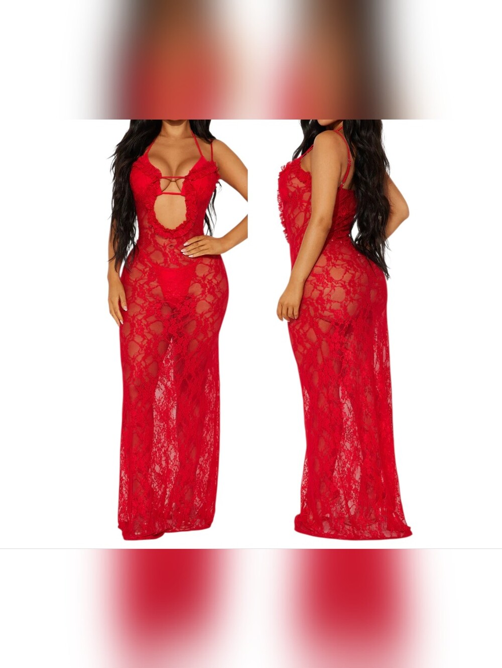 FASHION NOVA V-Neck Ruffled Cut-Out Lace Swimwear Cover-Up Maxi Dress 2X Red NWT